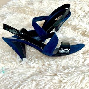 Miu Miu Navy Blue Suede Black Patent Leather Slingback Heels Sandals Size 9.5